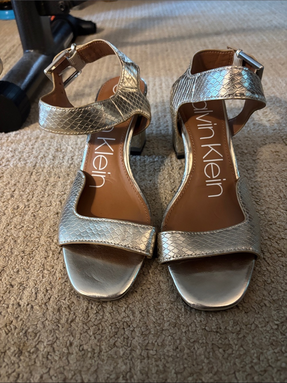 Calvin Klein Chantay Metallic Silver Snake-Texture Ankle Strap Heels